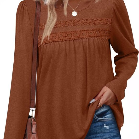 New Women's Plus Size Long Sleeve Lace Blouse in Caramel - Fall Casual Dressy Ma - Picture 1 of 5